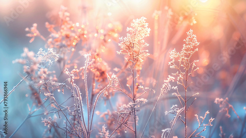 Frost-covered plants in winter forest at sunrise. 