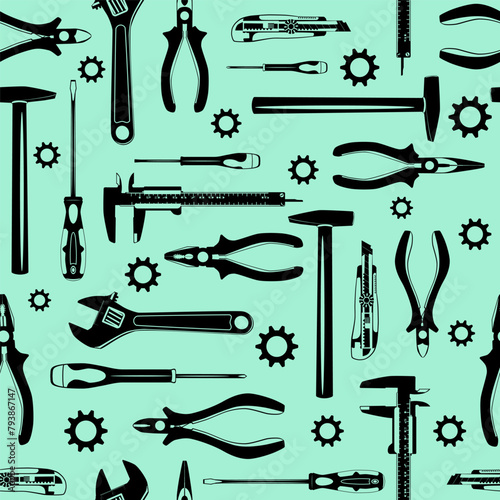 Work hand tools Black silhouettes seamless pattern, wallpaper, background.