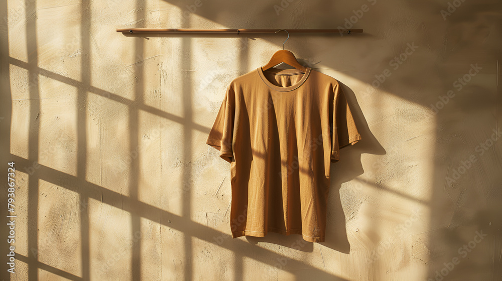 Naklejka premium Brown t shirt on hanger hanging from clothes rail with copy space on white background. Fashion, clothes, colour and fabric concept, brown t-shirt hanging with wood hanger on wall