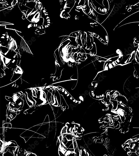 Japanese tiger seamless pattern. Japanese graphic design. Background in the Japanese style.