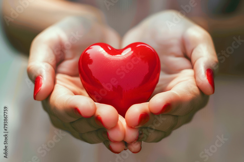 A woman holding a red heart. Blood donor