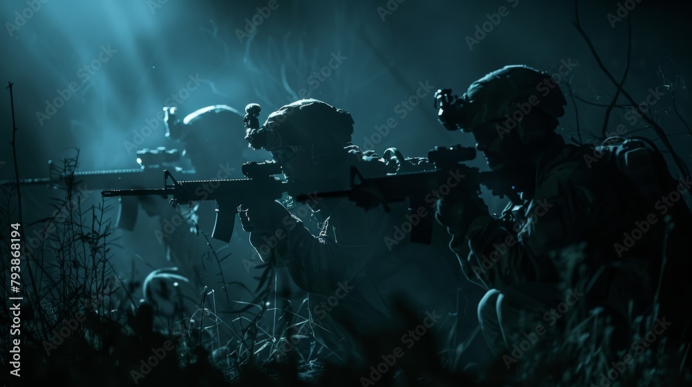 A stealthy night operation by modern special forces, equipped with night vision goggles and moving silently through a hostile environment, illustrating the precision