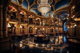 An Extravagant Evening at the Casino: A Luxurious Interior View of High-End Gambling Tables, Crystal Chandeliers, and Opulent Decor