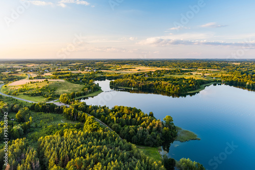 Fototapeta Naklejka Na Ścianę i Meble -  Beautiful aerial view of lake Galve, favourite lake among water-based tourists, divers and holiday makers, located in Trakai, Lithuania.