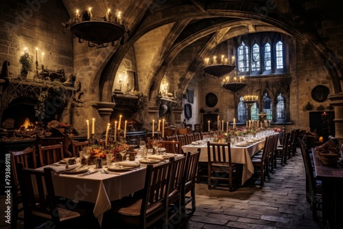 A Majestic Medieval Banquet Hall Illuminated by Candlelight, with Long Wooden Tables Laden with Feast, and Stone Walls Adorned with Tapestries