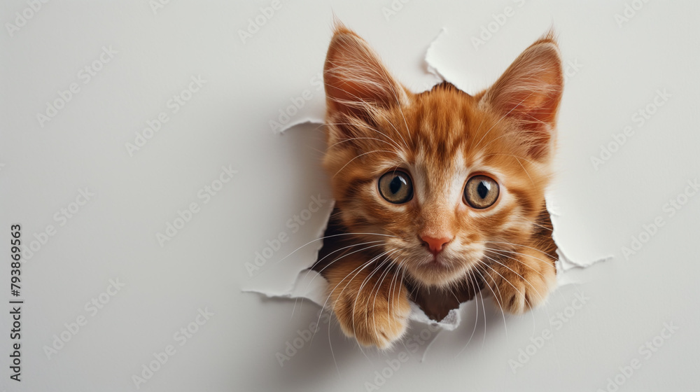 Cute kitten sticking its head out of the hole in white paper background Cute kitten sticking its head out of the hole in white paper background