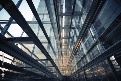 Modern Architectural Marvel: A Detailed View of Glass Sections Framed by Exposed Steel Beams in a Contemporary Building Design