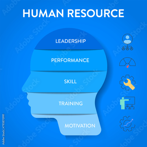 Human Resource Management System (HRMS) strategy infographic diagram banner with icon vector has leadership, motivation, skill, training and performance. Business marketing concepts for presentation.