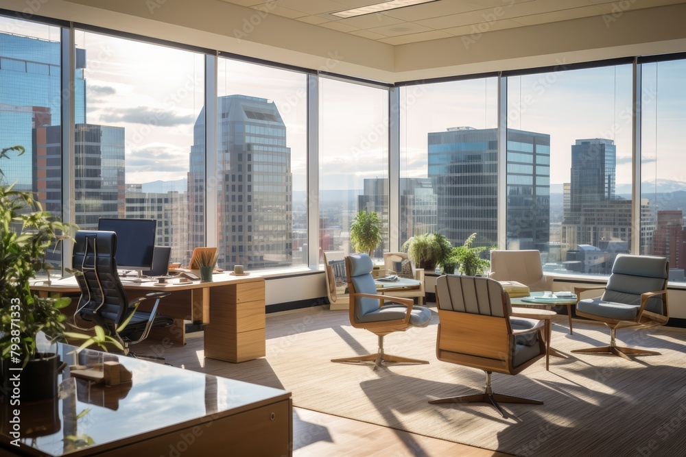 A Spacious Beige Office with Modern Furniture, Large Windows Allowing Natural Light, and a Stunning Cityscape View