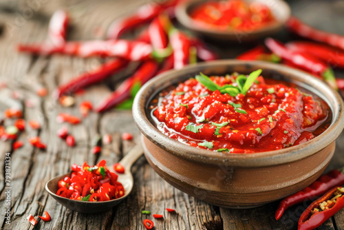 A traditional terracotta bowl filled with vibrant red chili sauce, garnished with fresh herbs and surrounded by raw chili peppers on a rustic wooden background.