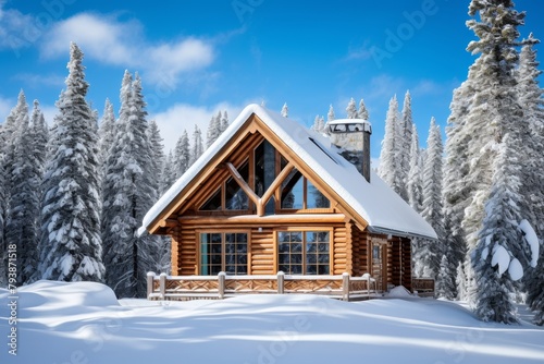 A Tranquil Winter Morning at a Rustic Log Cabin Nestled Deep in the Snow-Covered Pine Forest
