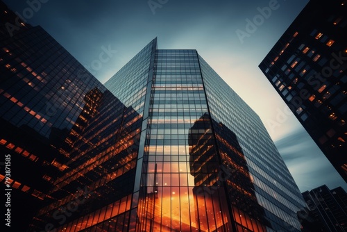 A Majestic Office Skyscraper Illuminated by the Warm  Fading Light of Dusk  Reflecting the Hustle and Bustle of City Life