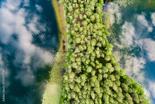 Scenic aerial view of Sciuro Ragas peninsula, separating White Lakajai and Black Lakajai lakes. Picturesque landscape of lakes and forests of Labanoras Regional Park, Lithuania. photo