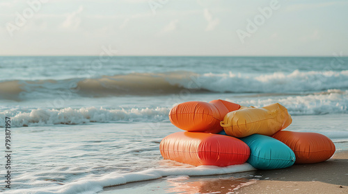 Colorful Inflatable Pillows Washing Ashore on a Sunny Beach photo