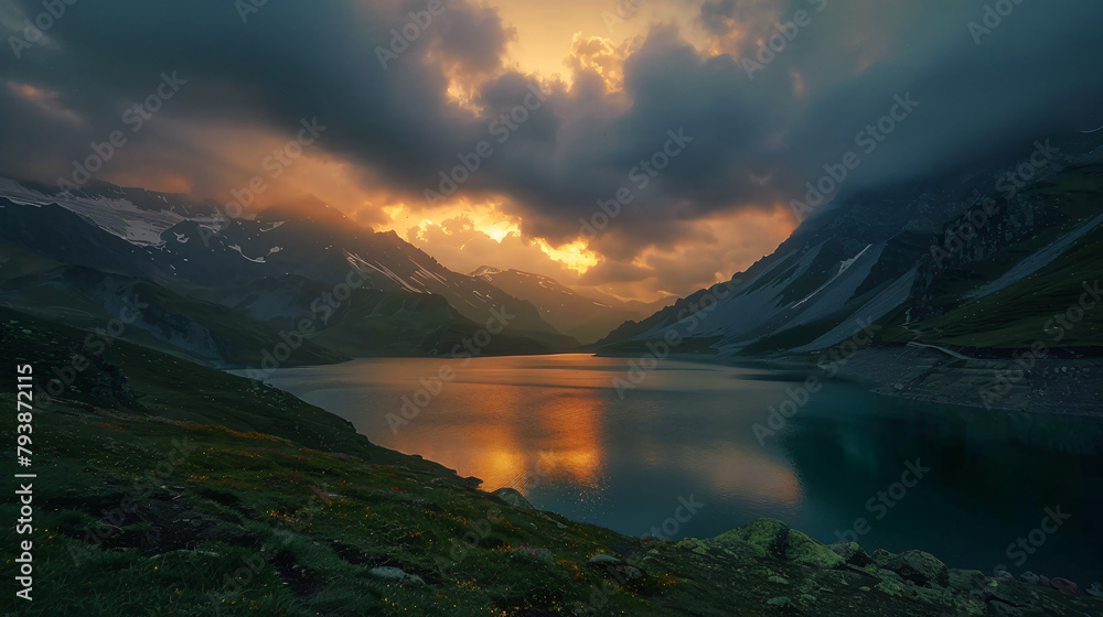 Gizhgit lake in the mountains at cloudy sunset. 