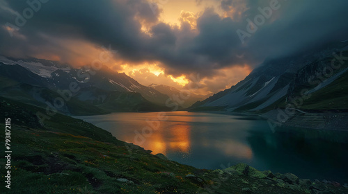 Gizhgit lake in the mountains at cloudy sunset. 