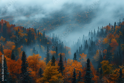A View of a Mountain Range with Trees on the Sid, High angle shot of a colorful autumn forest under the gloomy sky 