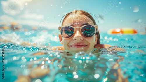 Joyful woman in swimming pool with sunglasses