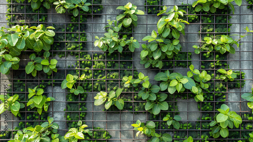 Lush green plants weaving through urban trellis
