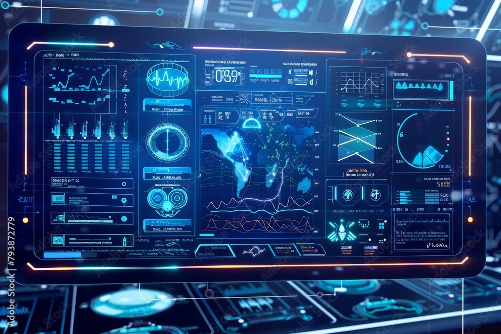 Digital medical interface with vital signs display and futuristic health monitoring graphics, blue and white color scheme Digital medical interface with vital signs display and futuristic health monitoring graphics, blue and white color scheme