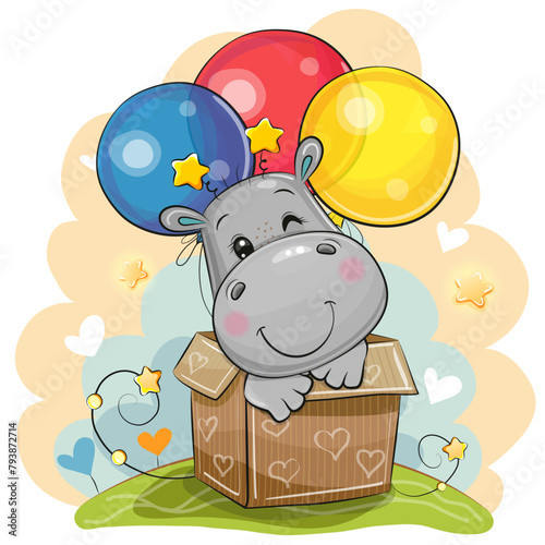 Cartoon Hippo in the box with balloons