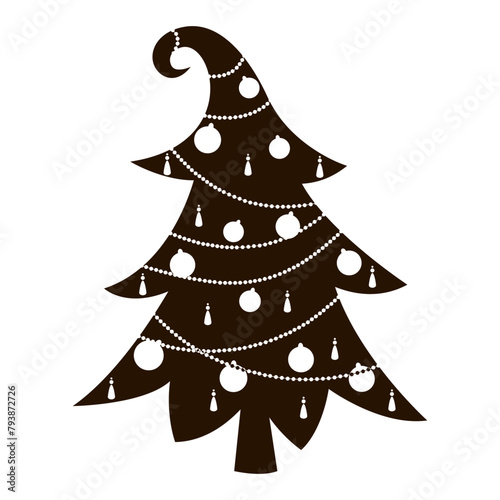 Christmas tree ornamented balls and garlands isolated. Stencil, silhouette. Decoration, holiday concept.
