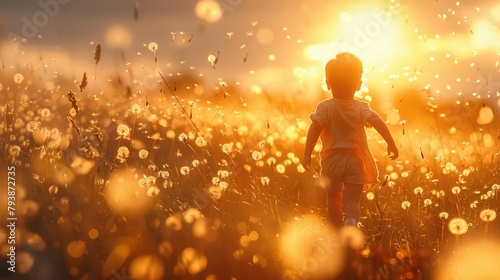 Young Child Playing in Field of Dandelions at Sunset