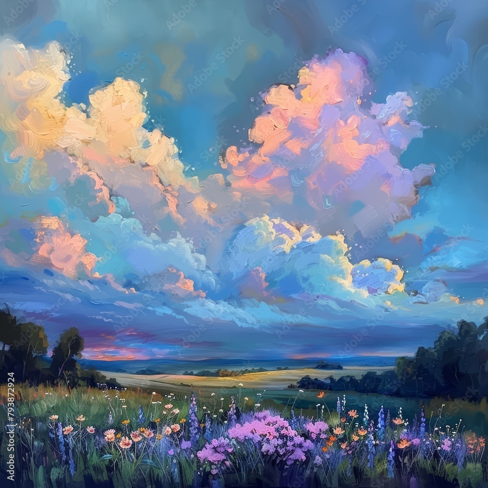 Ethereal clouds, painted with streaks of lavender and peach, drifted across a turquoise canvas of sky, casting soft shadows on a field of wildflowers below