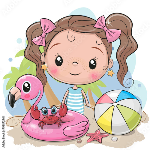 Girl with ball, flamingo inflatable and cute crab on the beach