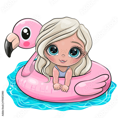 Cartoon Girl swimming on pool ring inflatable flamingo