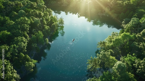 Single Kayaker Paddling in Serene Lake Amidst Lush Forest