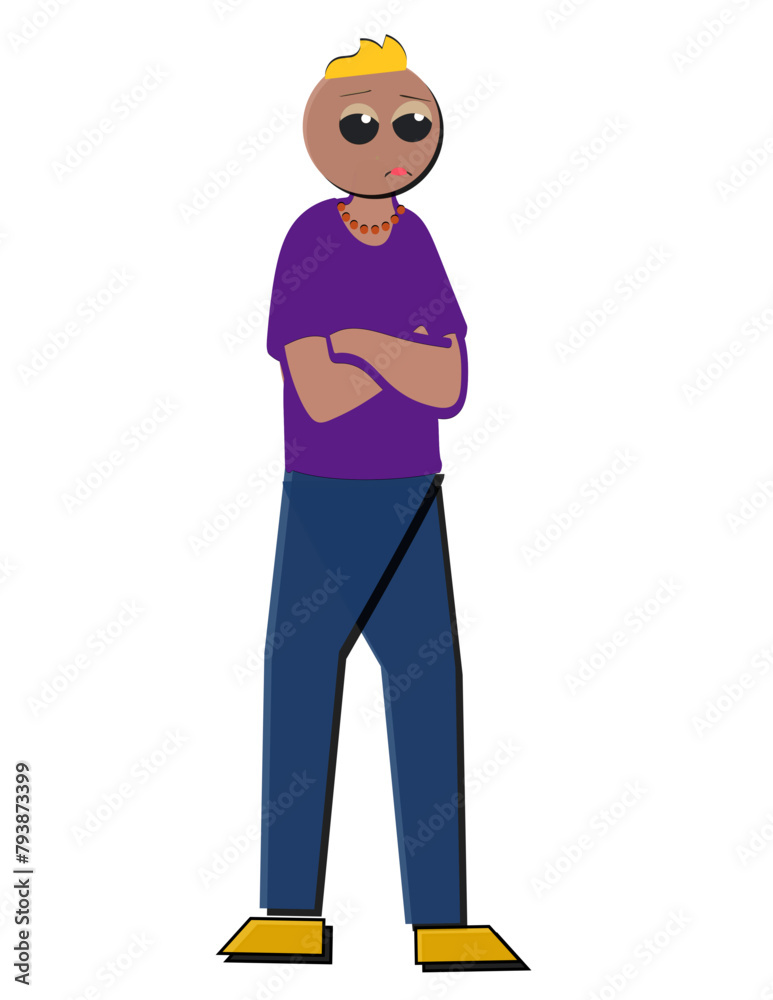 character of a person: A cartoon man is standing with his arms crossed and looking to the right