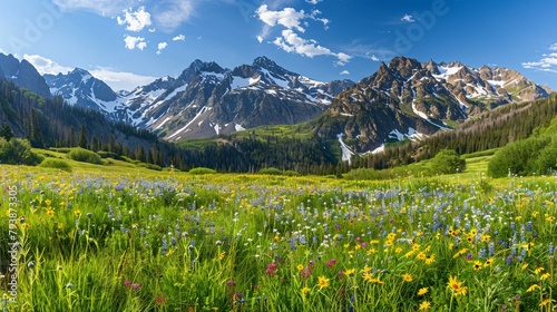 A panoramic view of a high-altitude wildflower meadow