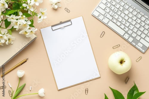 Clipboard with Blank Paper and Keyboard on Pastel Background