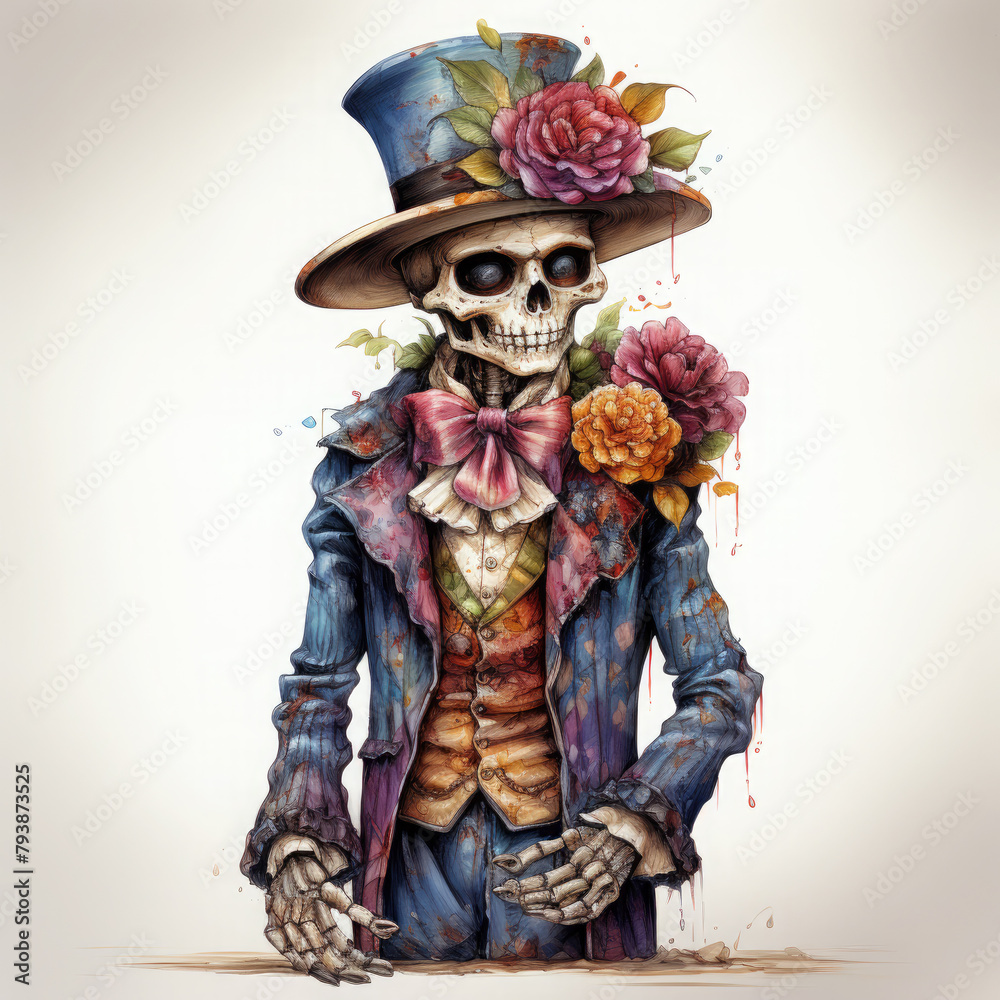 Watercolor Dressed Skeleton Illustration, Generative Ai