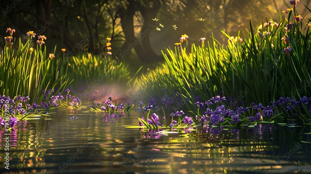 A riverbank lush with wild irises and reeds the gentle - obrazy, fototapety, plakaty 