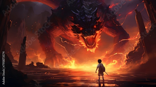 A solitary figure stands defiant in the face of an enormous lava dragon within a cavernous, volcanic landscape, Digital art style, illustration painting. photo