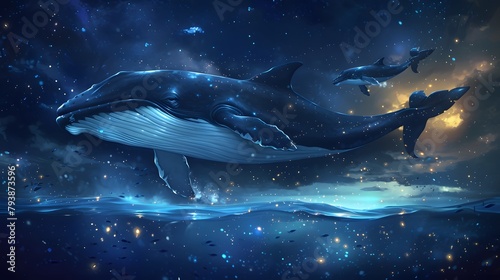 Whales soar gracefully in a magical underwater scene that merges the mysterious depths with a star-filled night sky, Digital art style, illustration painting.