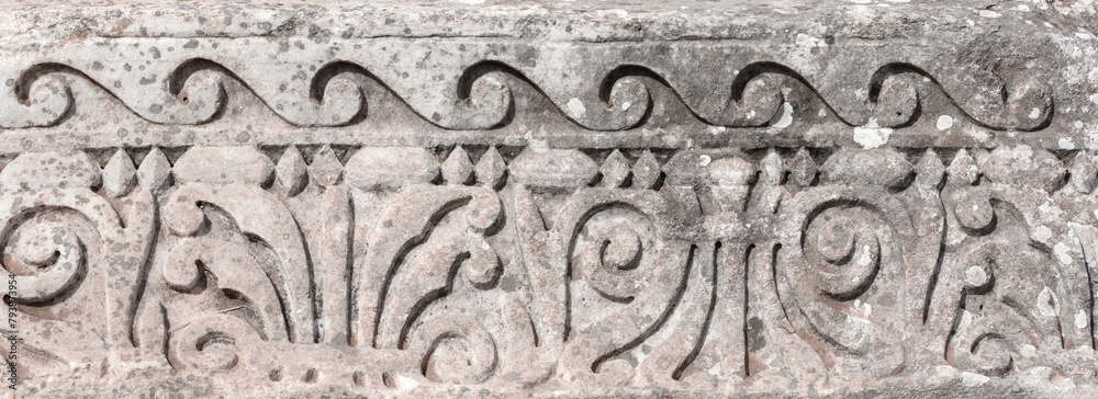 Ancient Greco-Roman frieze texture from Ephesus, history and art. Selcuk, Izmir, Turkiye (Turkey)