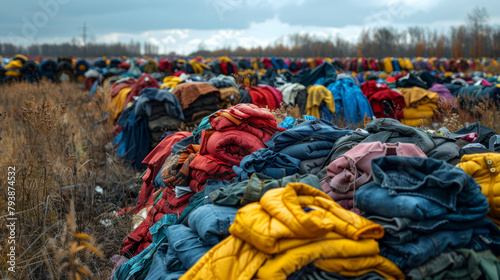Mountains of discarded clothing in a field, representing waste