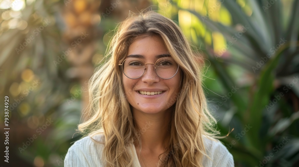 A woman with long blonde hair and glasses is smiling