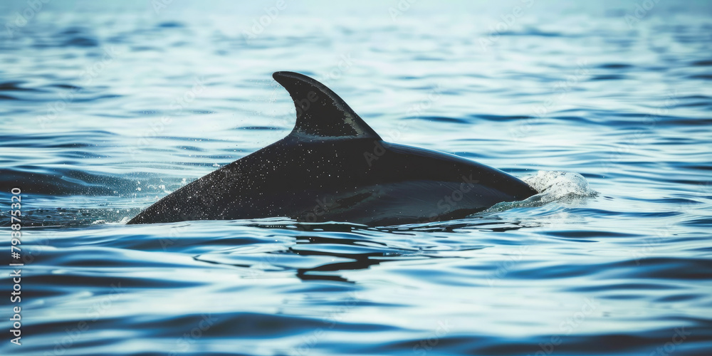 Fototapeta premium Close-up of dolphin's fin breaking the surface of the water.