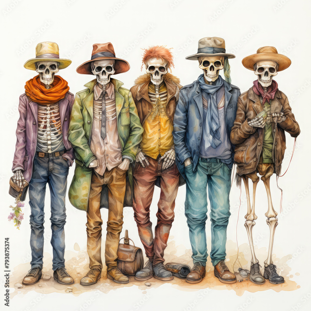 Watercolor Dressed Skeleton Illustration, Generative Ai Watercolor Dressed Skeleton Illustration, Generative Ai
