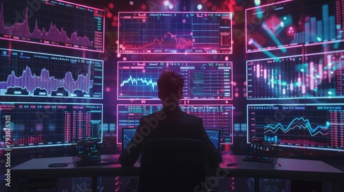 Stock trader analyzing plummeting market data on multiple cyberenhanced screens, neon graphs indicating sharp declines