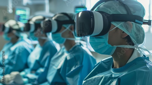 Virtual reality simulation used for surgical training  with doctors wearing VR headsets in a technologically advanced classroom