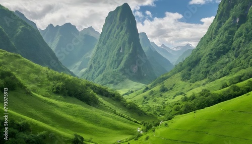 A lush green valley surrounded by towering mountai upscaled 3 photo