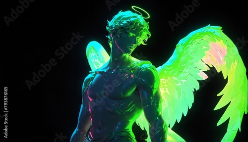 green neon light glowing male angel statue on plain black background from Generative AI
