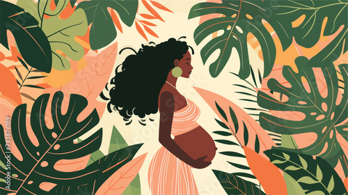 Black pregnant woman with nature and leaves background