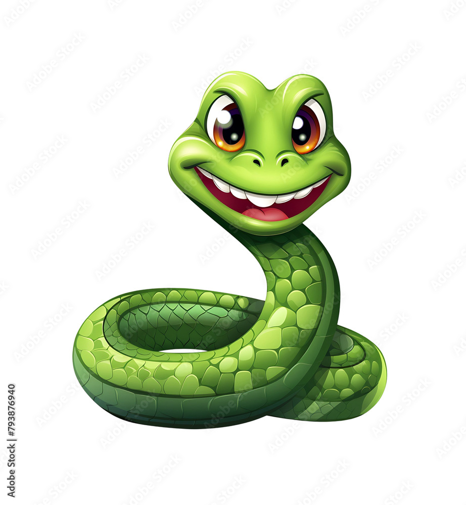 A cheerful cartoon snake with a wide grin and glossy green scales, coiled up playfully. Generative AI A cheerful cartoon snake with a wide grin and glossy green scales, coiled up playfully. Generative AI