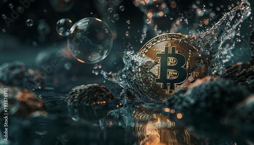 A conceptual image of a golden Bitcoin sinking into water, symbolizing market volatility, with bubbles around and a dark, moody background